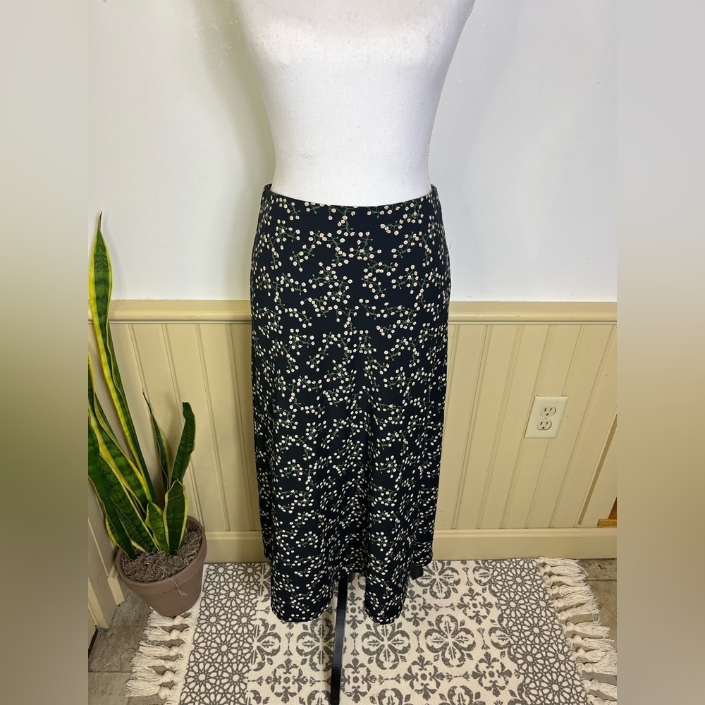 Rachel Zoe Black Floral Midi Skirt 6 Cottagecore Slip-On Y2K Minimalist Teacher